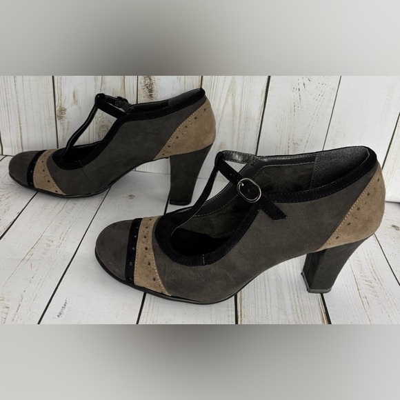 Aerosoles Suede Maryjane Prologue Gray Black Brown Size 8.5 Retro Stacked Heel - Picture 6 of 9
